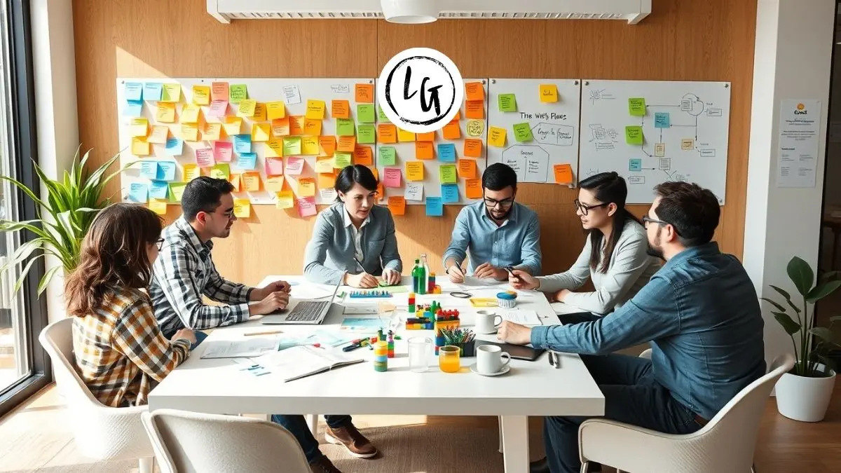 Equipo diverso aplicando técnicas de creatividad empresarial con post-its, prototipos y diagramas en sesión de innovación estructurada