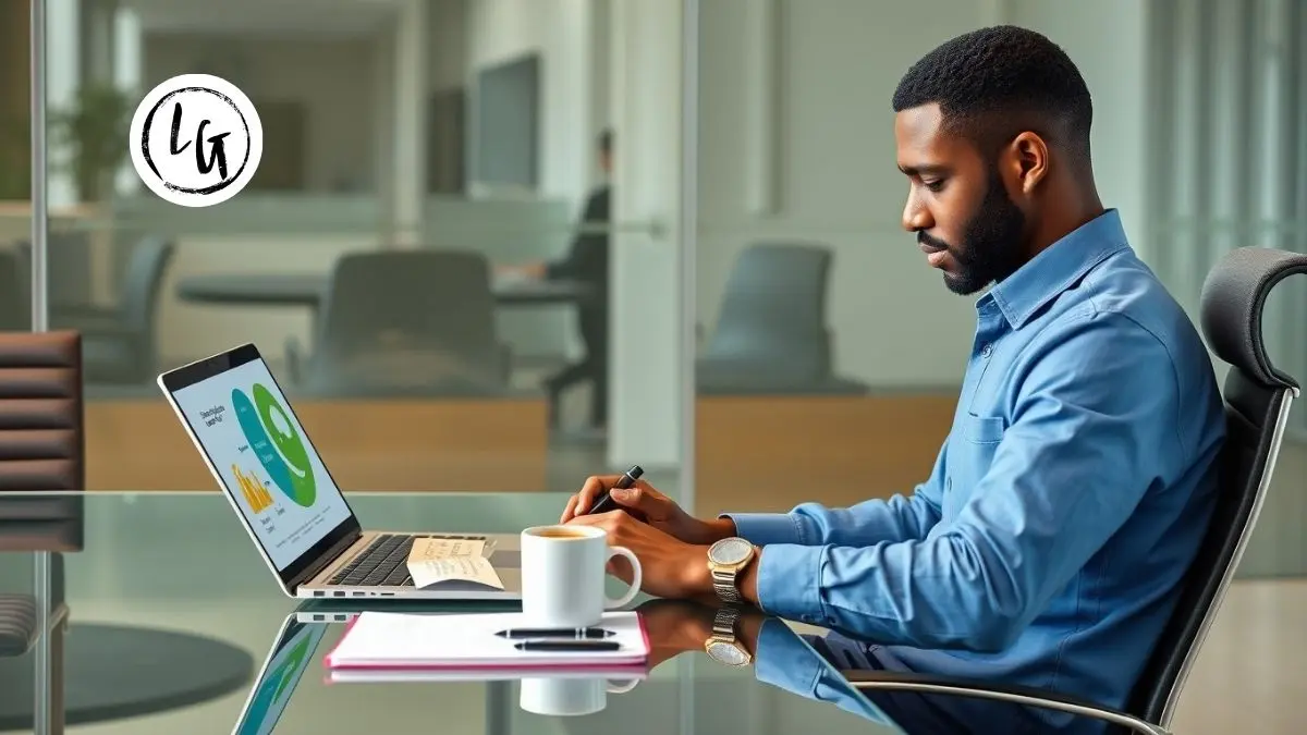Profesional afrodescendiente analizando resultados de test de personalidad de liderazgo, descubriendo estilo de gestión y áreas de desarrollo