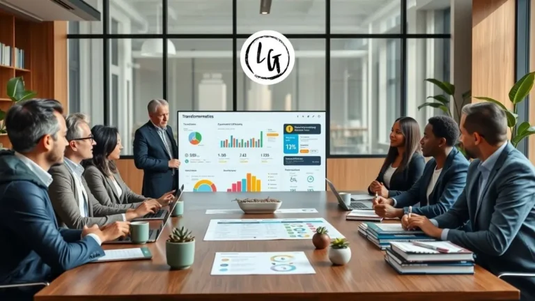 Equipo directivo analizando dashboard de transformación digital empresa con métricas de innovación, eficiencia operativa y experiencia de cliente en sala de reuniones moderna