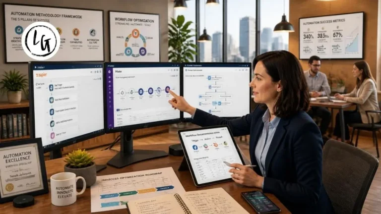 Profesional configurando flujos de automatización en oficina moderna con pantallas mostrando workflows de Zapier, integraciones de herramientas y métricas de productividad