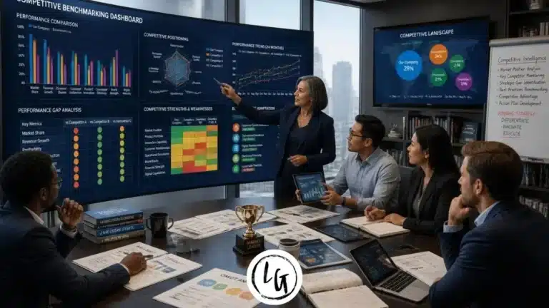 Equipo diverso analizando dashboards comparativos de métricas vs competidores con gráficos de barras, líneas de tendencia y mapas de brechas competitivas