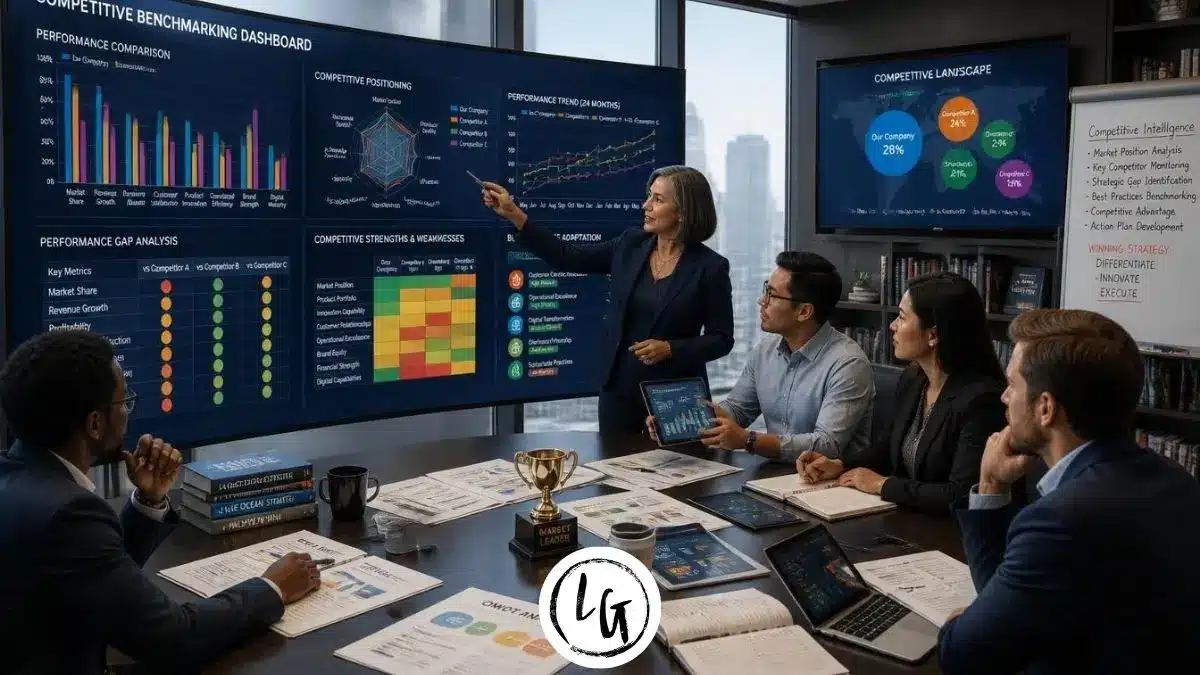 Equipo diverso analizando dashboards comparativos de métricas vs competidores con gráficos de barras, líneas de tendencia y mapas de brechas competitivas