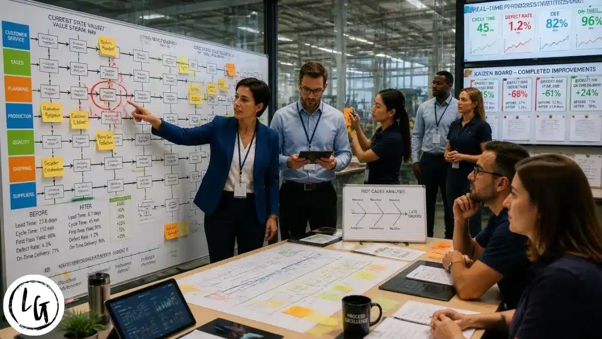 Equipo diverso trabajando con diagramas de flujo de procesos en pared, post-its de mejoras propuestas, gráficos de eficiencia y documentación de procesos optimizados