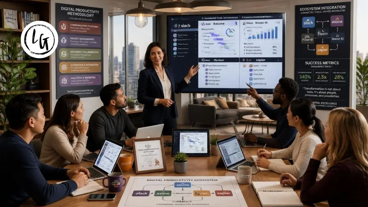 Equipo diverso colaborando en oficina moderna con múltiples pantallas mostrando ecosistema integrado de herramientas digitales: Slack, Asana, Power BI, Notion y Zapier