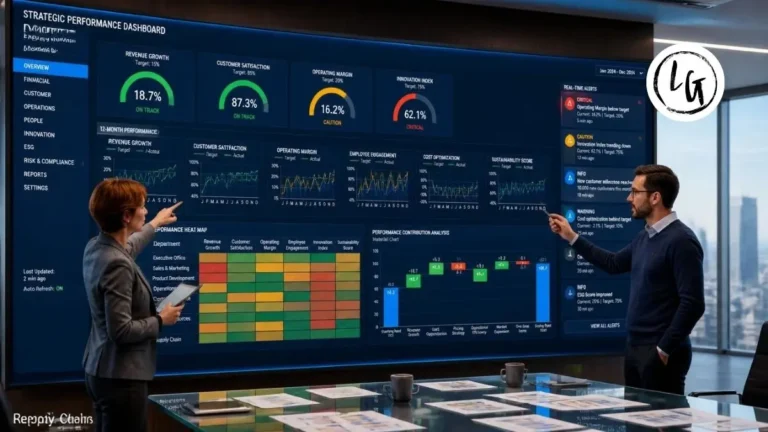 Dashboard ejecutivo con múltiples KPIs visuales mostrando gráficos de líneas, medidores de rendimiento, mapas de calor y objetivos vs resultados en tiempo real