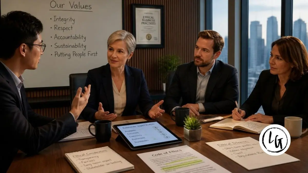 CEO en reunión transparente con equipo diverso mostrando vulnerabilidad y modelado de valores éticos en oficina moderna con código de ética visible