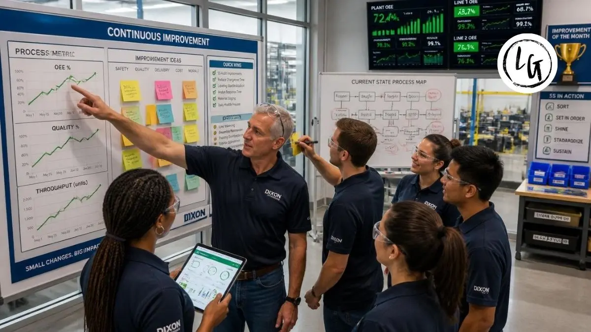 Equipo diverso revisando tablero de métricas de mejora continua en planta industrial con gráficos de tendencia, post-its de propuestas y diagramas de flujo visibles