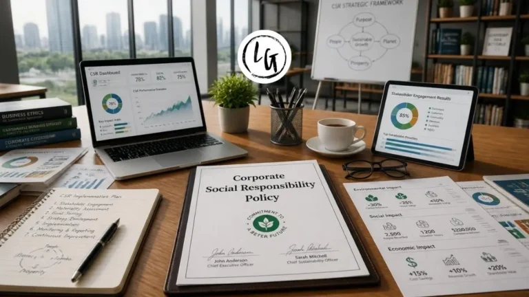 Documento de política de responsabilidad social empresarial sobre mesa de reuniones con gráficos de impacto social, ambiental y económico visibles