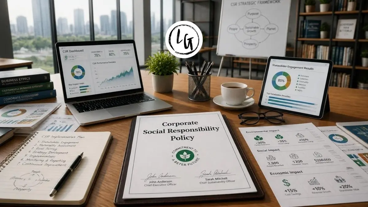 Documento de política de responsabilidad social empresarial sobre mesa de reuniones con gráficos de impacto social, ambiental y económico visibles