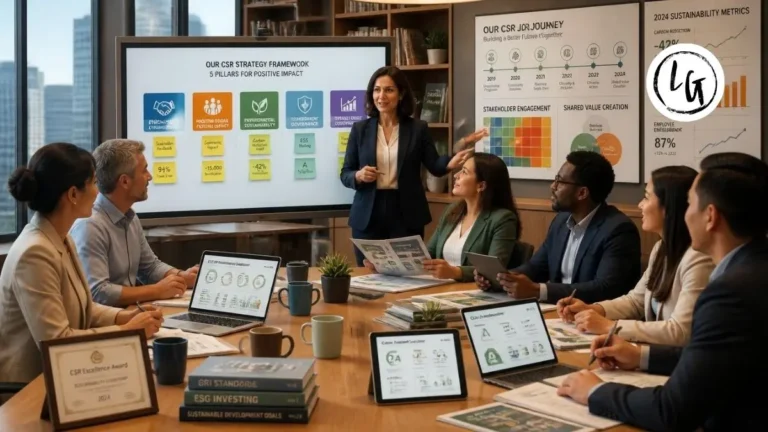 Equipo diverso en oficina moderna con elementos visuales de sostenibilidad, código de ética, programas comunitarios y métricas de impacto social positivo
