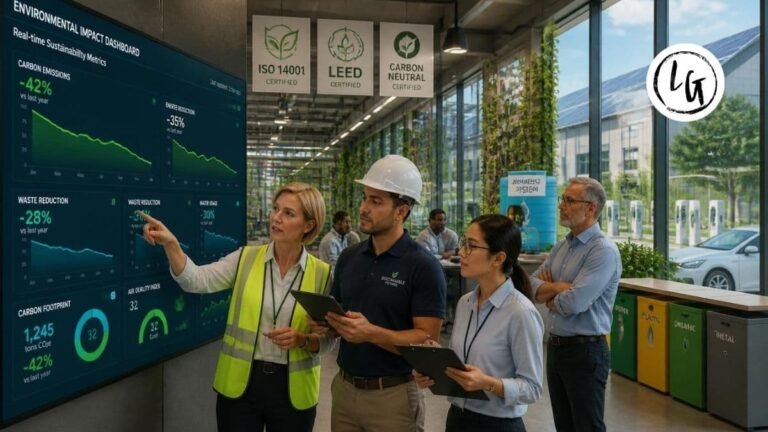 Equipo diverso trabajando en huerto corporativo sostenible con paneles solares visibles, mostrando compromiso de empresa con medio ambiente y sostenibilidad